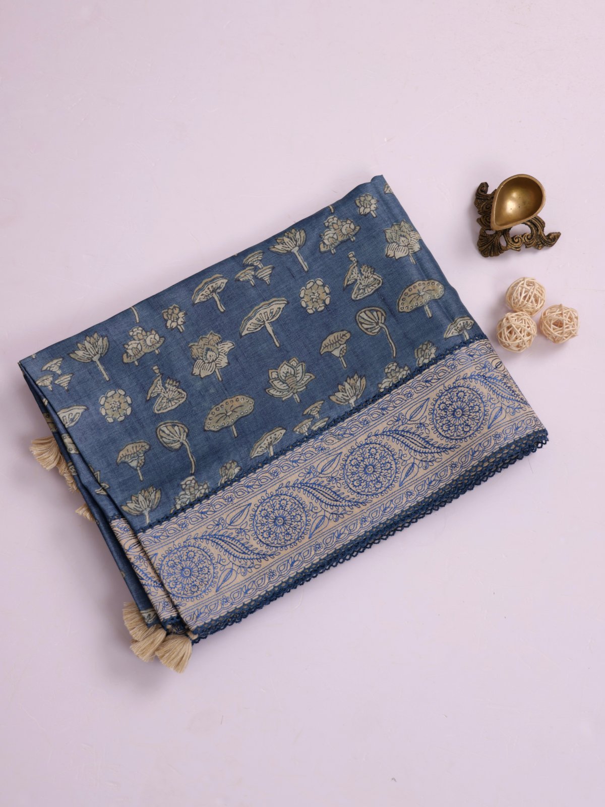 Dusty Blue Ajrakh Printed Munga Tussar Silk Saree With Embroidery