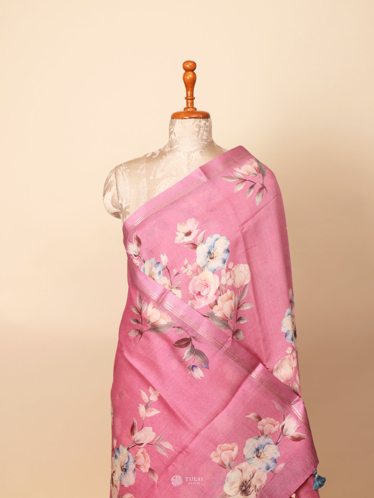 Pink Printed Munga Tussar Silk Saree