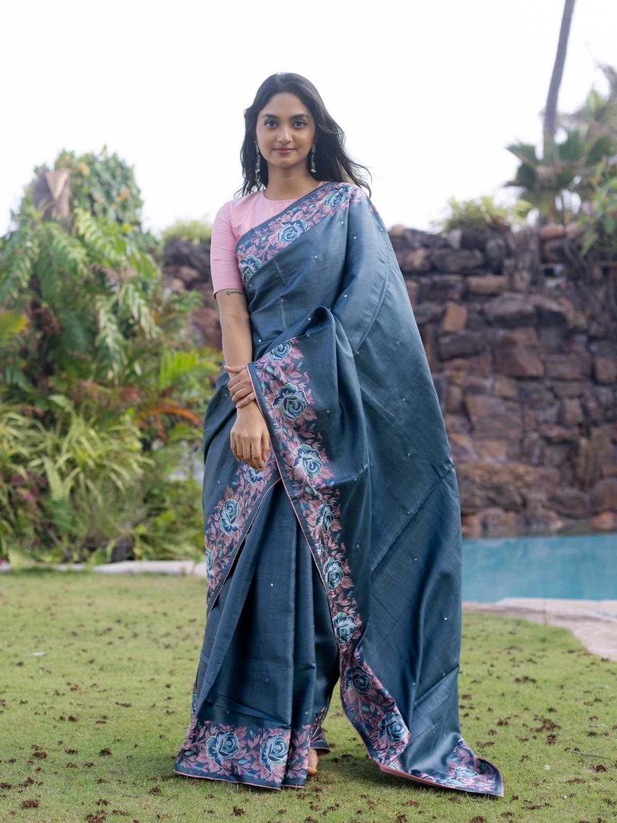 Blue Grey Tussar Silk Saree With Floral Embroidery