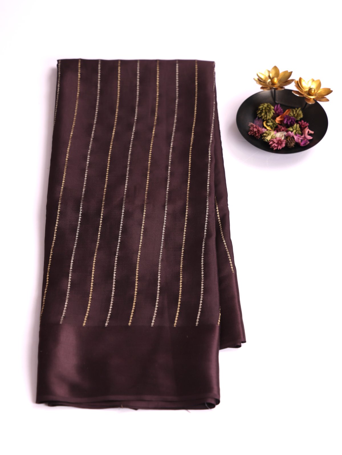 Chocolate Brown Zari Striped Mysore Silk Saree With Satin Border
