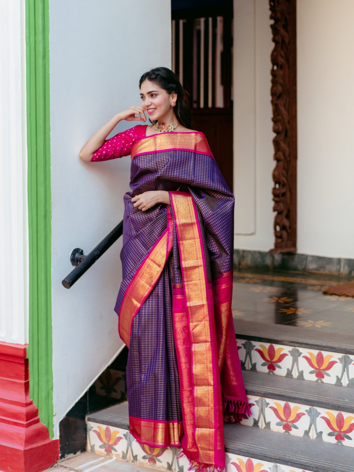 Checked Purple Kanjeevaram Silk Saree With Pink Border