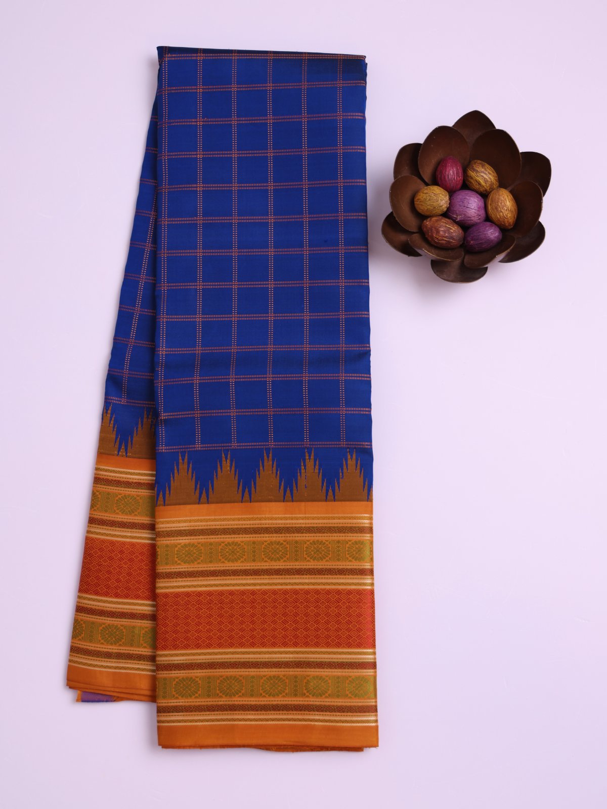 Royal Blue Checked Kanjeevaram Pattu Pettu Silk Saree with Tangerine Orange Border