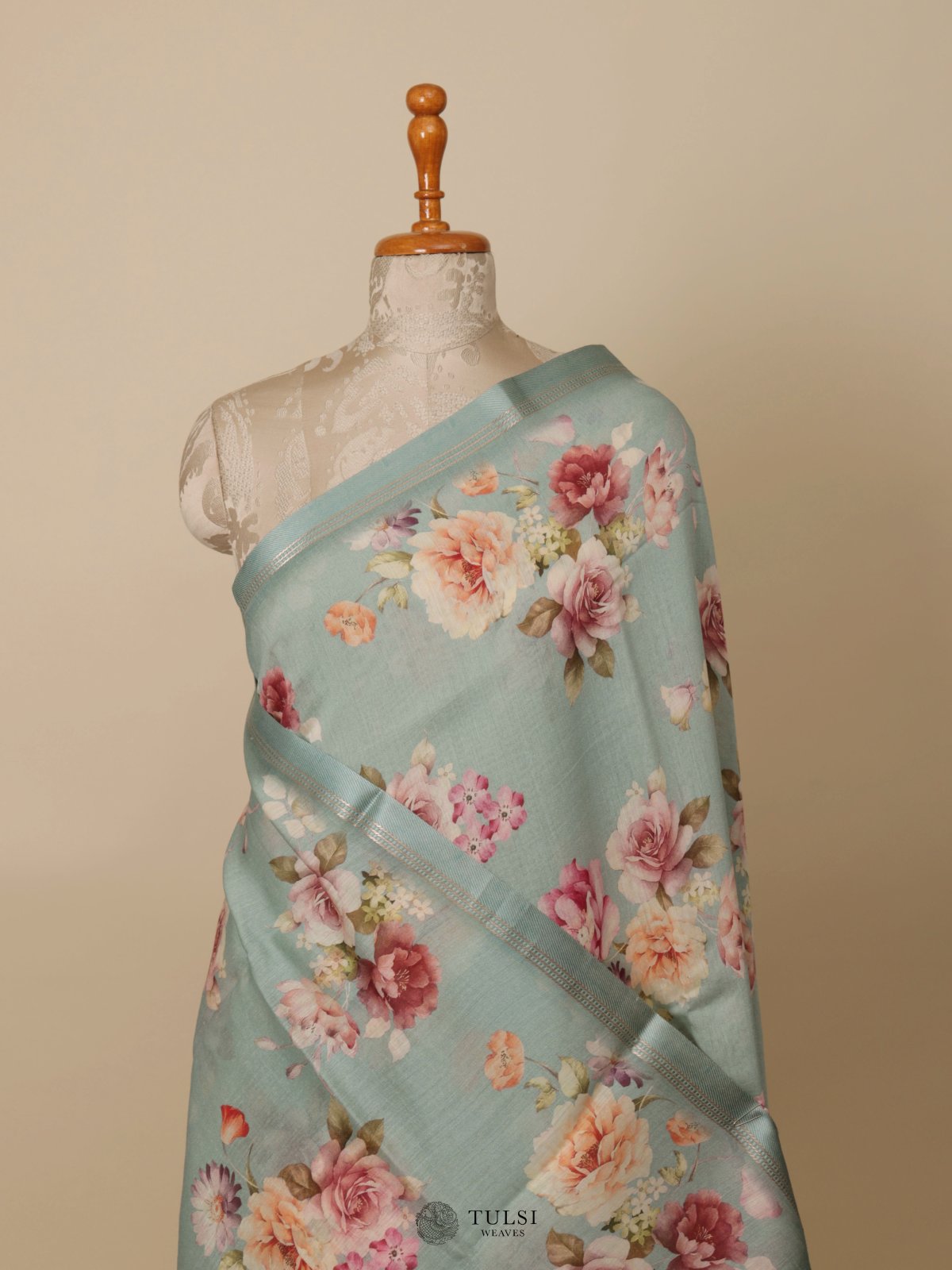 Light Blue Printed Munga Tussar Silk Saree