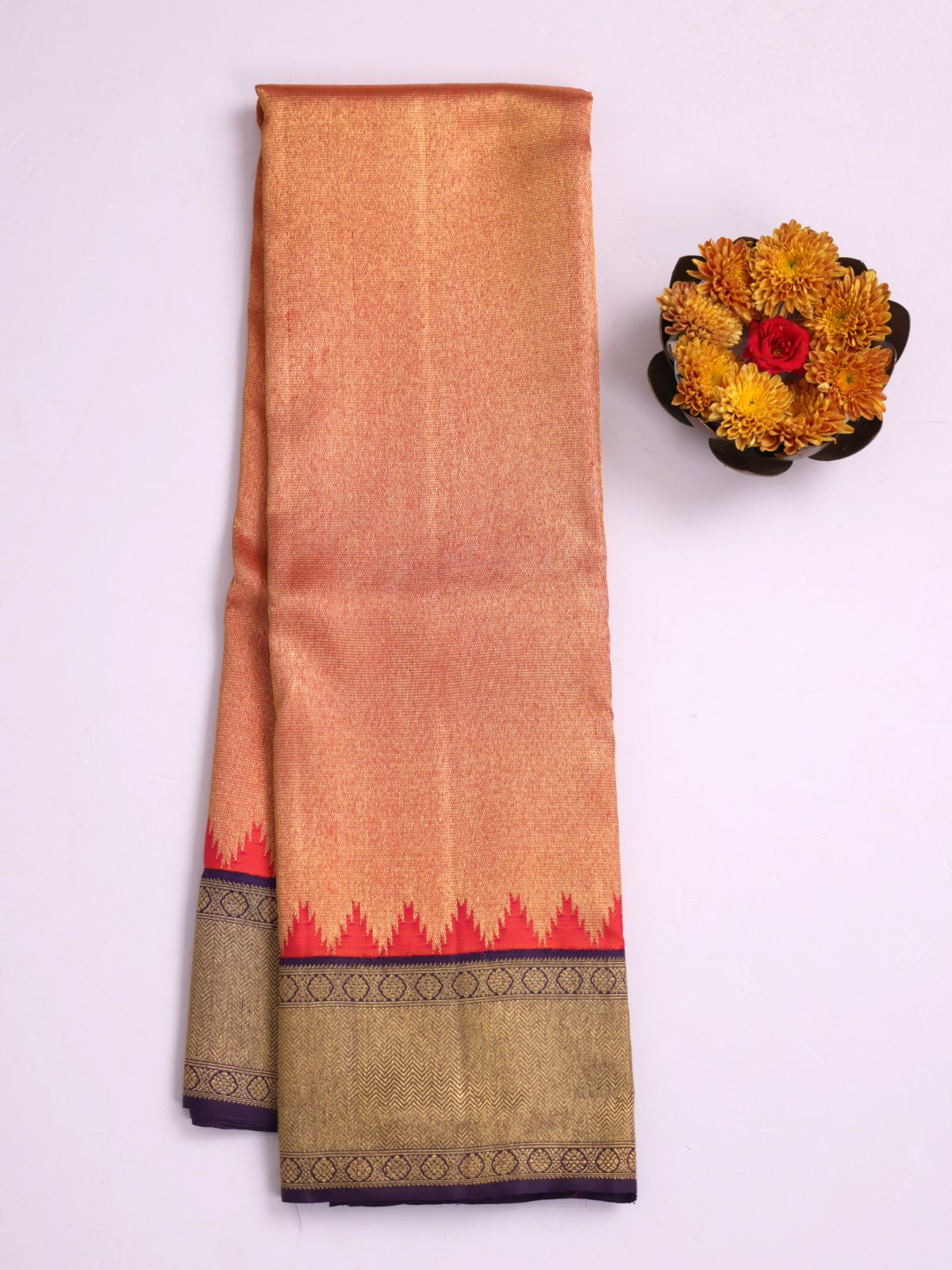 Pinkish Orange Zari Brocade Kanjeevaram Silk Saree With Dark Violet Border