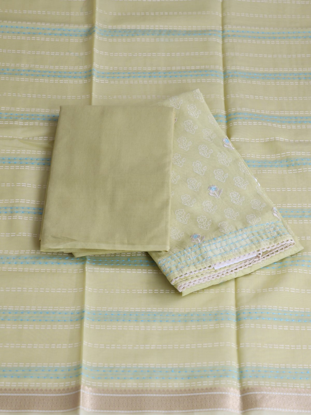 Pastel Green Embroidered Chanderi Cotton Salwar Material With Kantha Emboidered Dupatta