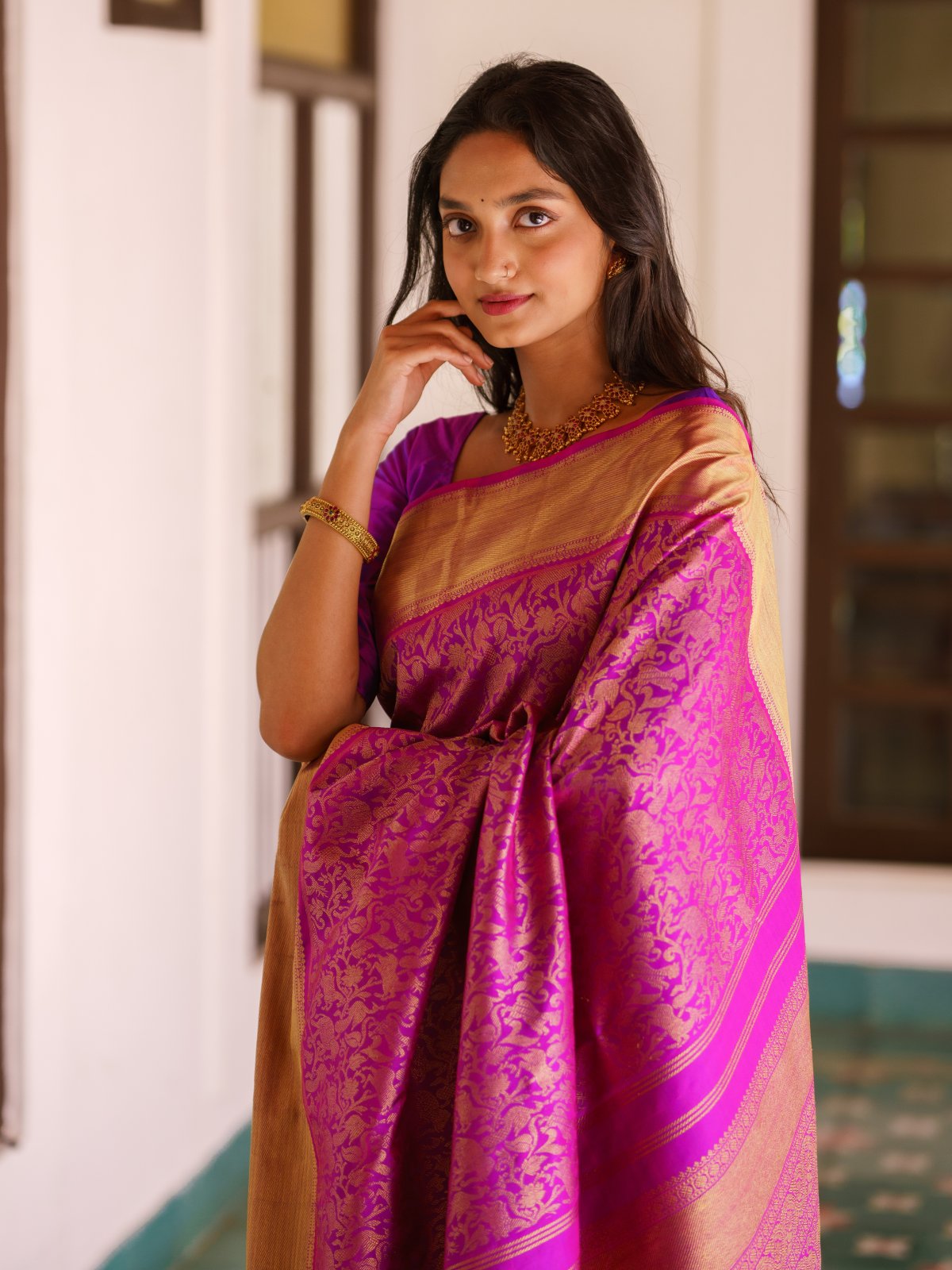 Pinkish Purple Kanjeevaram Silk Saree with Self Zari Border - Tulsi Weaves