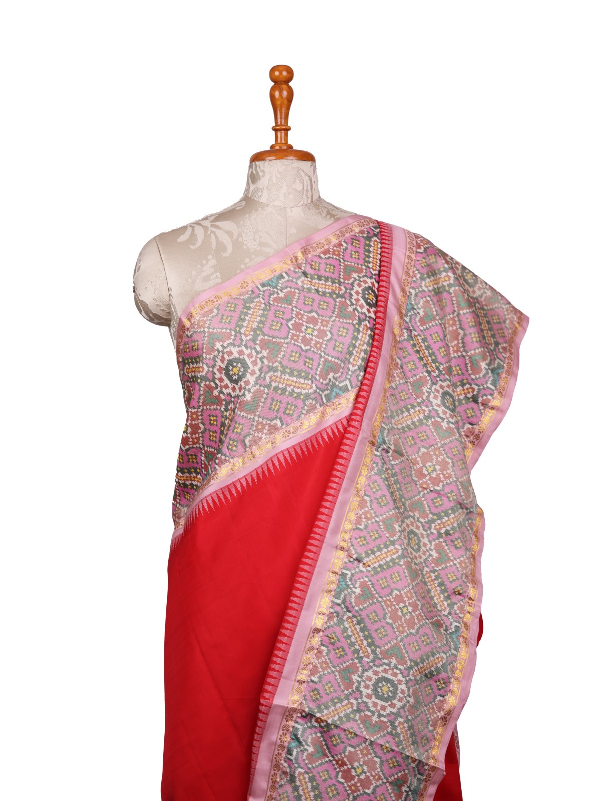 Red Kanjeevaram Silk Saree With Baby Pink Patan Patola Border 