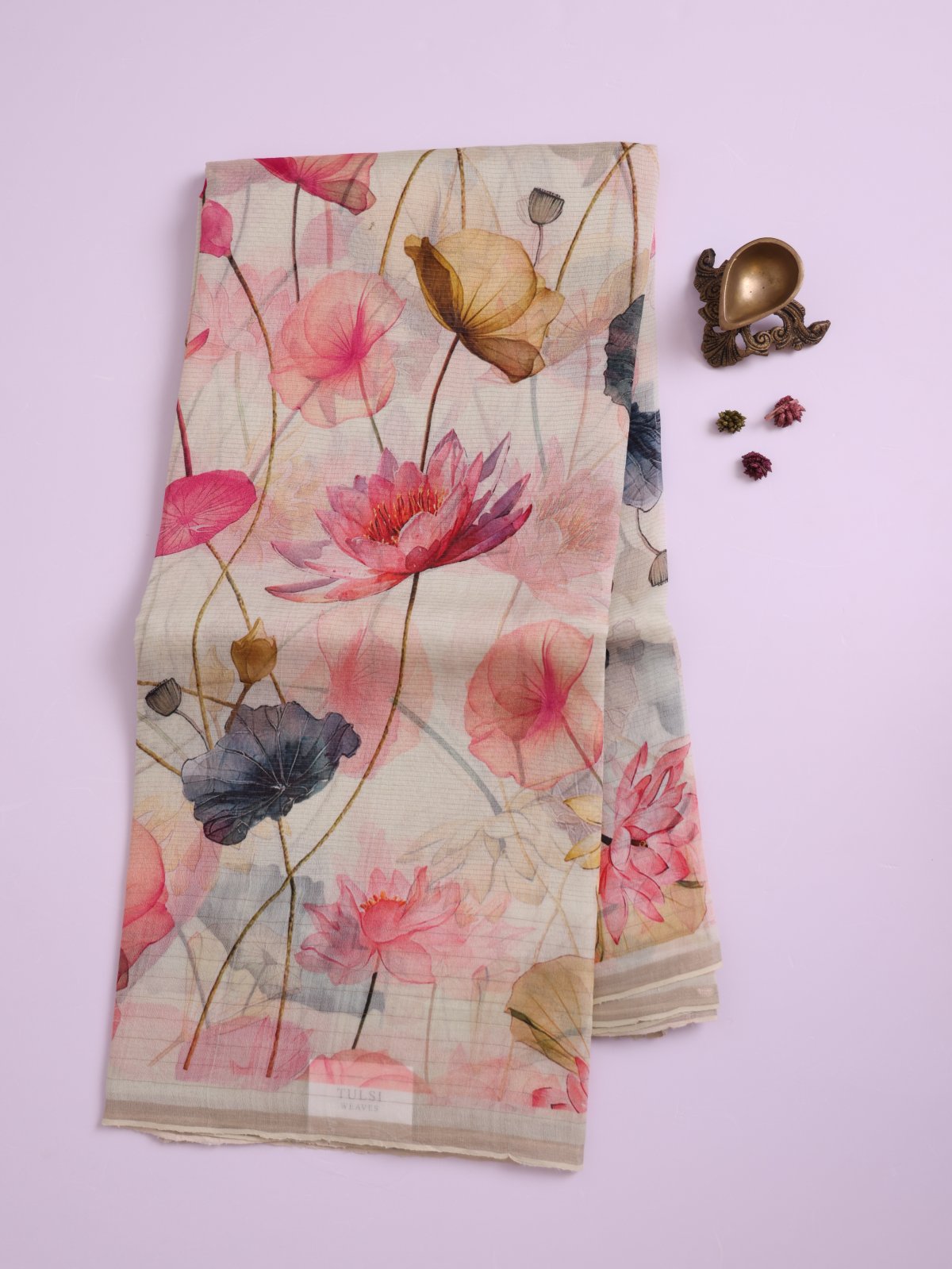 Off- White Printed Organza Silk Saree with Jamdani Pallu