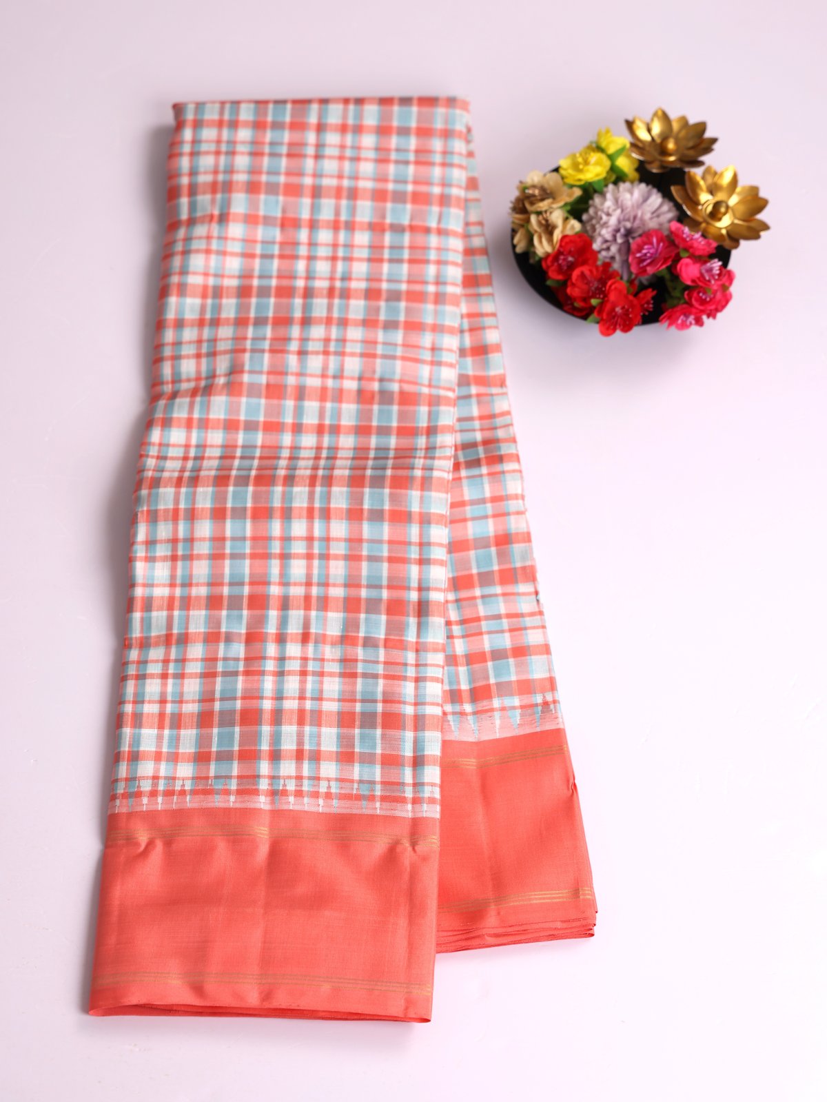 Multicolor Checked Kanjeevaram Linen Saree With Coral Border