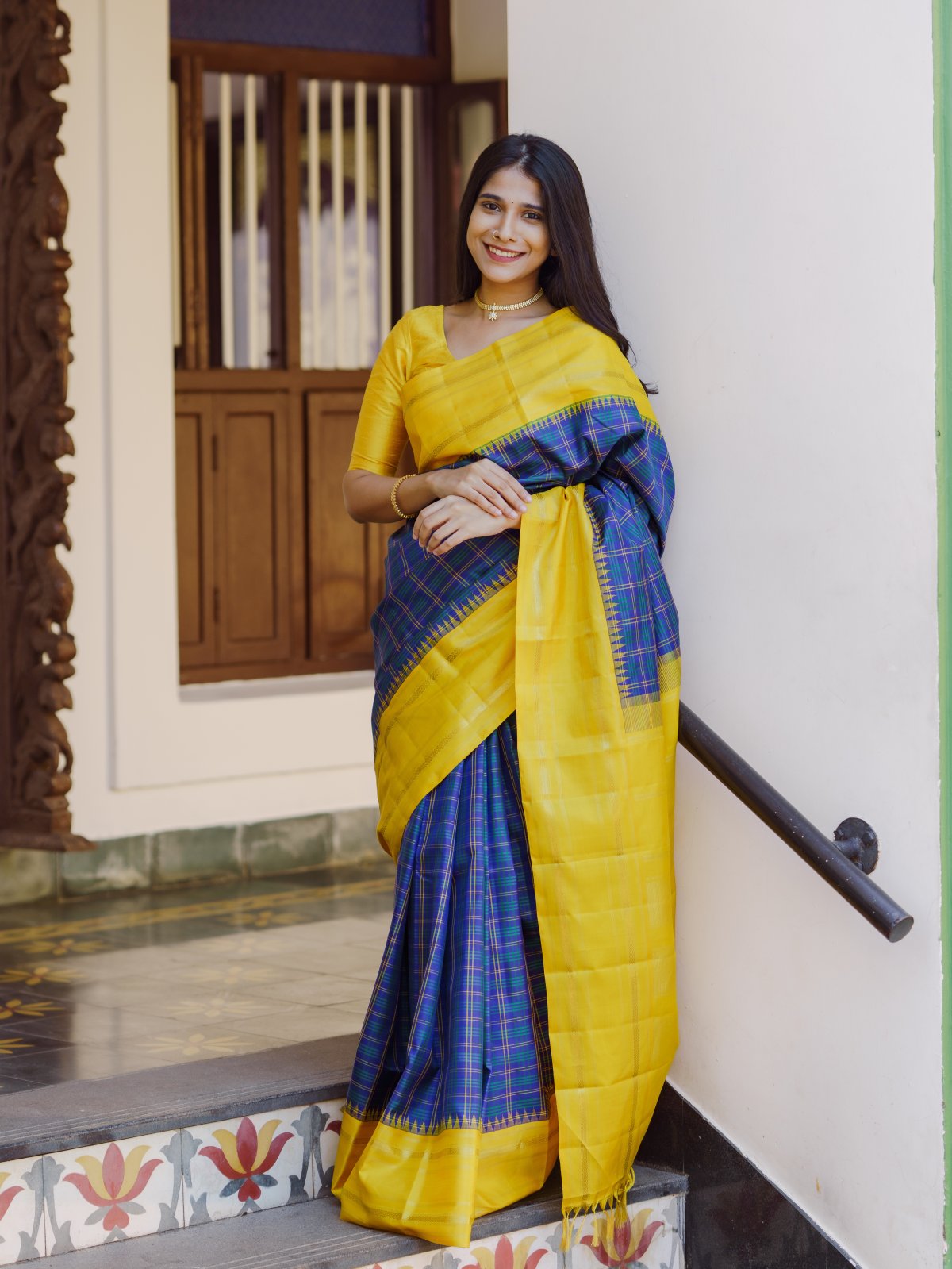 Multicolor Kanjeevaram Silk Saree with Yellow Zari Border