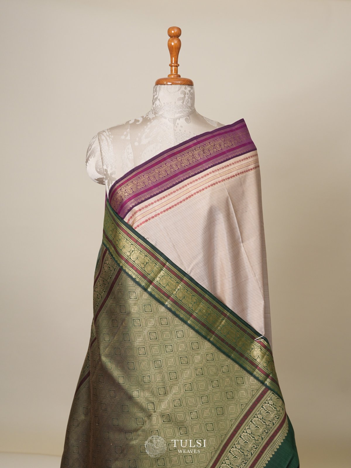 Cream Kanjeevaram Pattu Pett Silk Saree with Ganga Jamuna Border