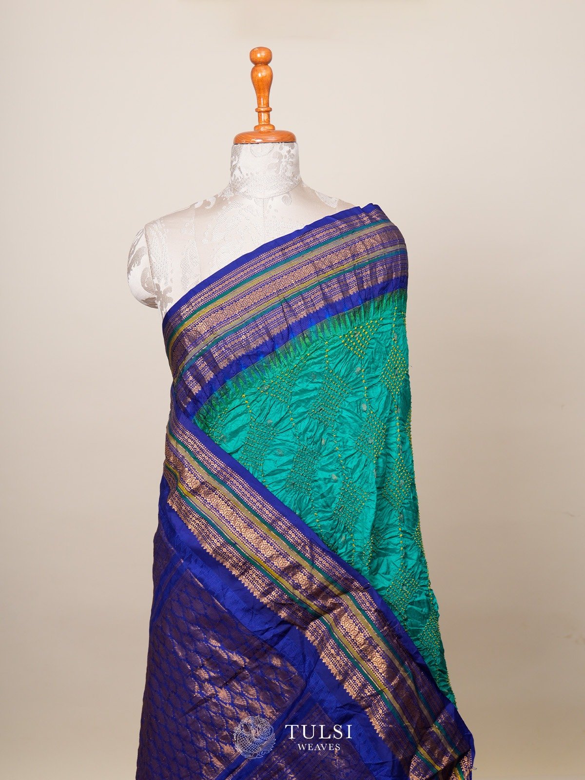 Teal Green Gadwal Silk Saree with Bandhini 