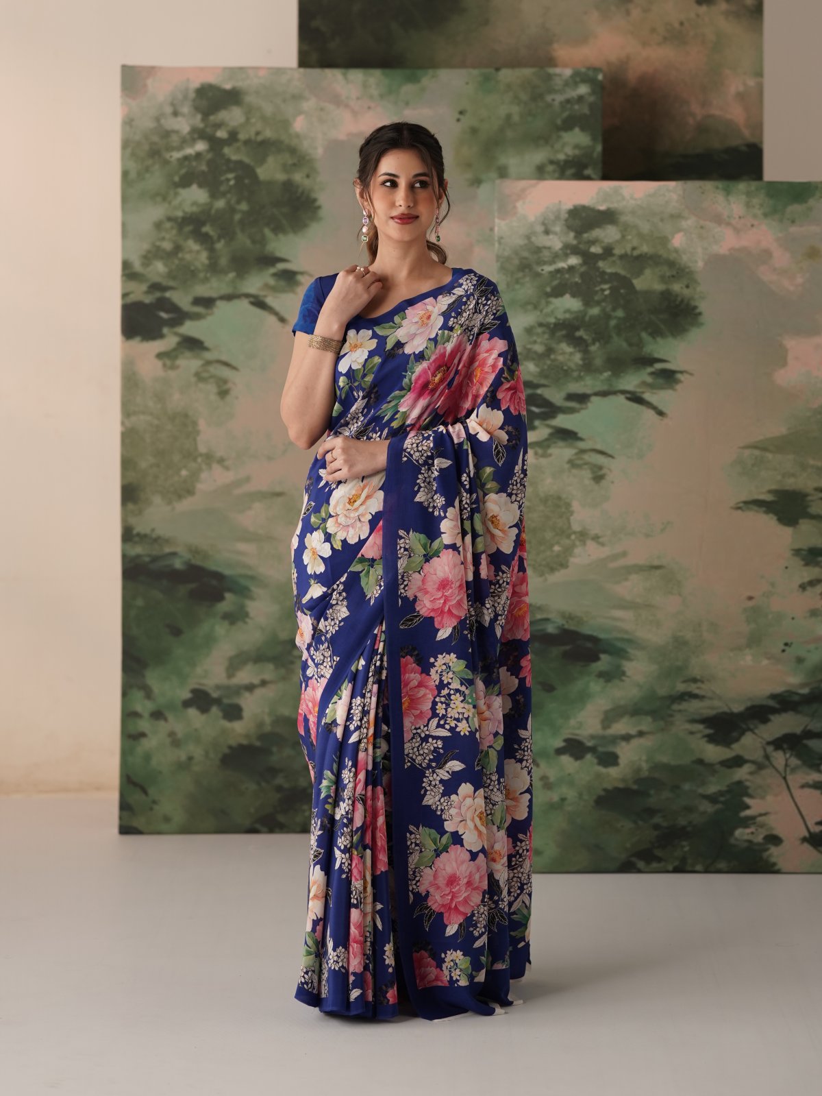 Royal Blue Printed Crepe Silk Saree