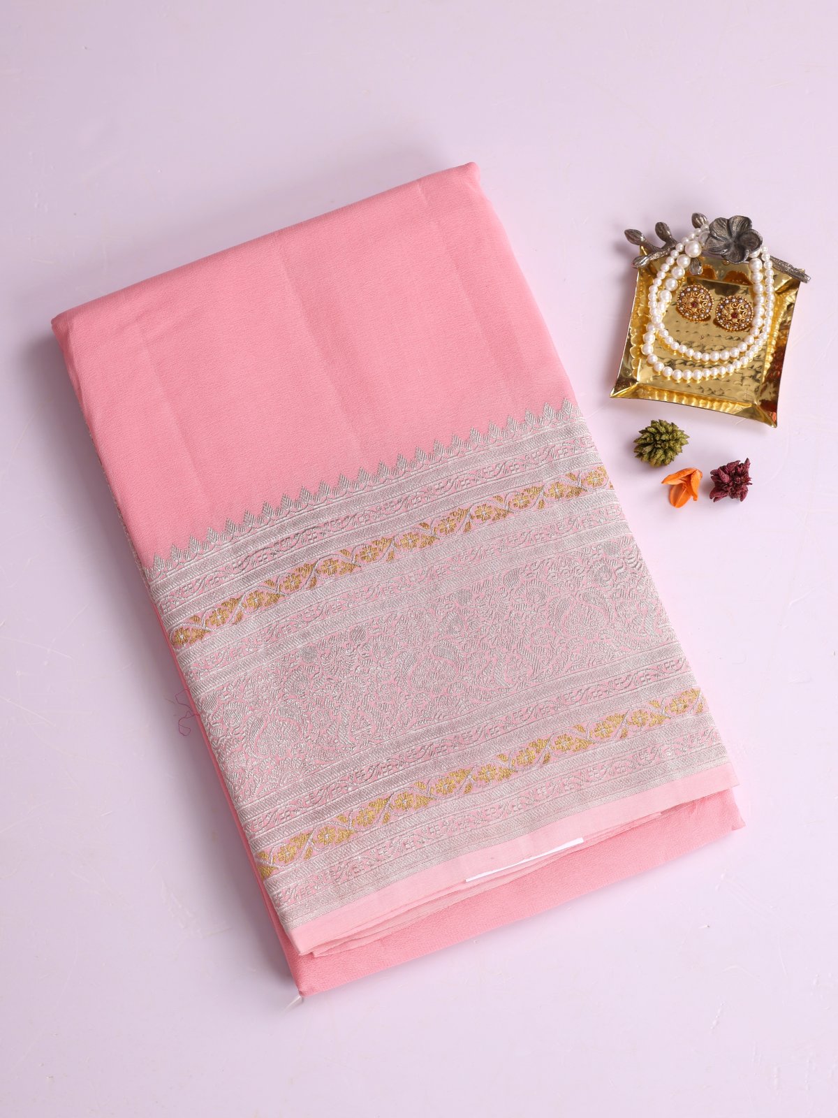 Light Pink Georgette Silk Saree With Zari Border