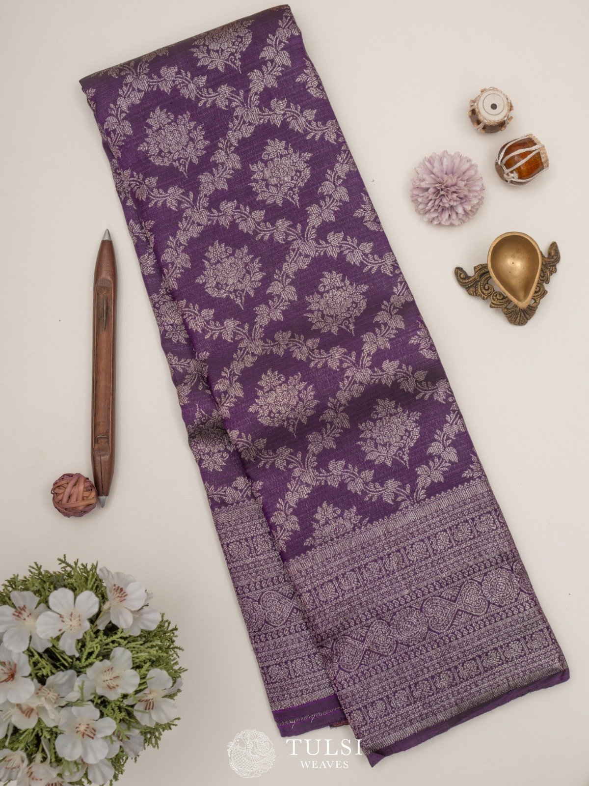 Dusty Violet Kanjeevaram Silk Saree with Antique zari