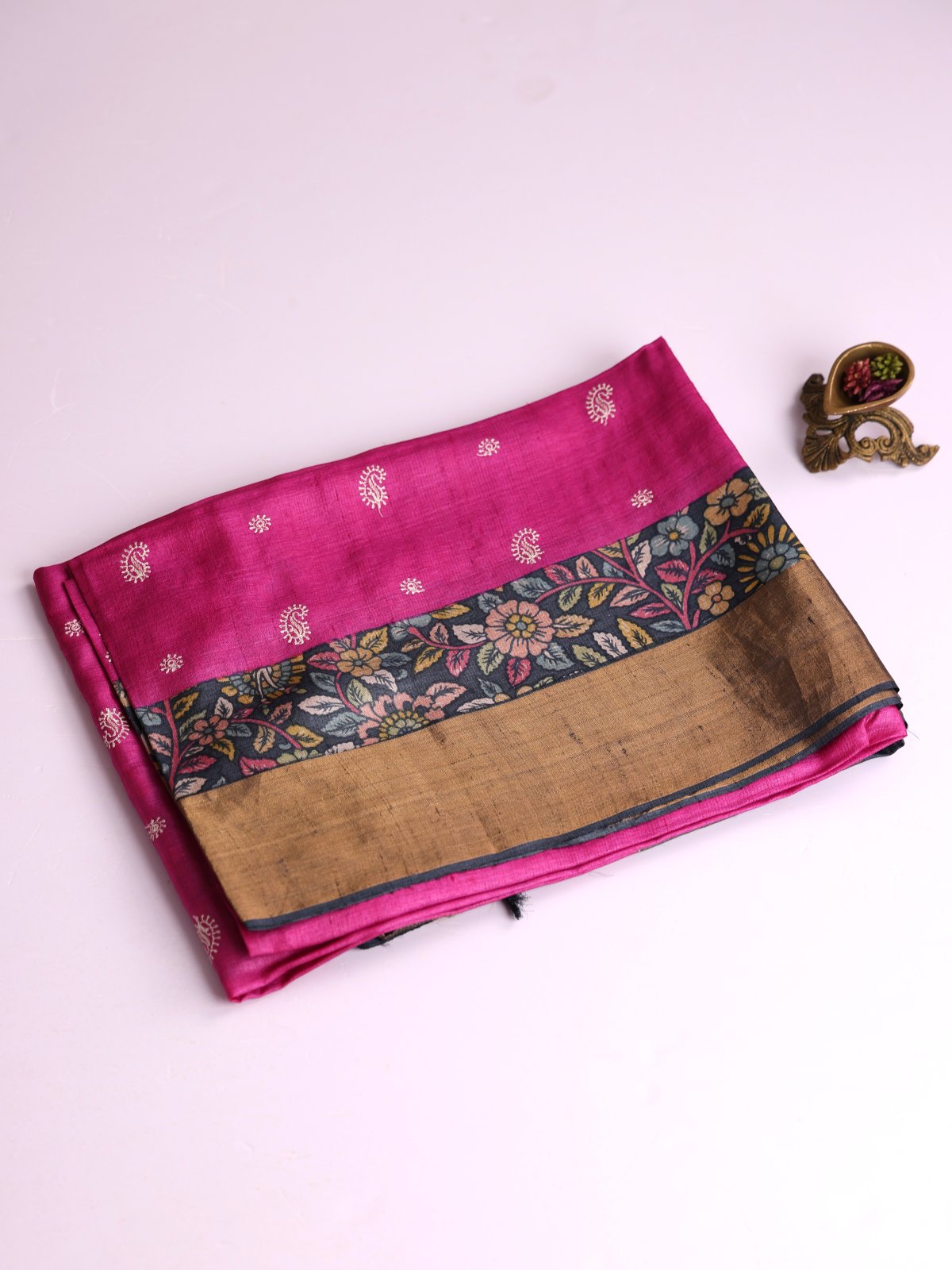 Magenta Pink Embroidered Tussar Silk Saree With Zari Border