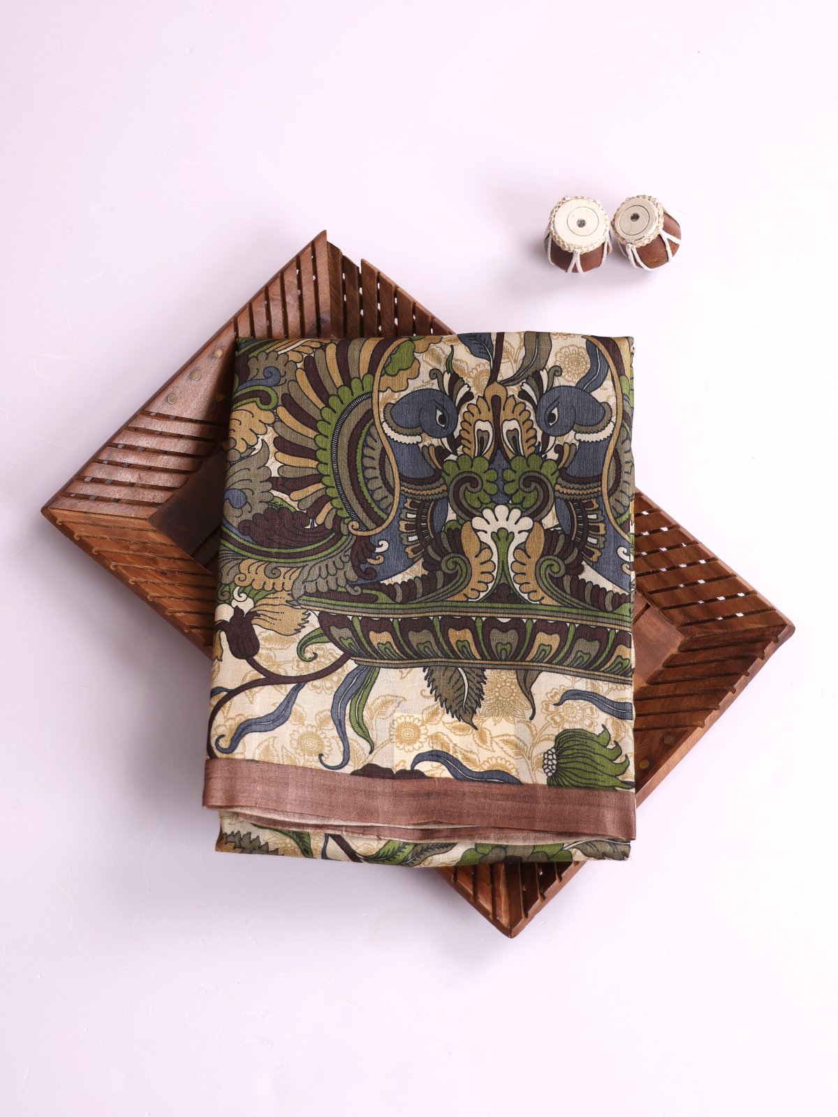 Beige Printed Tussar Silk Saree With Light Brown Border