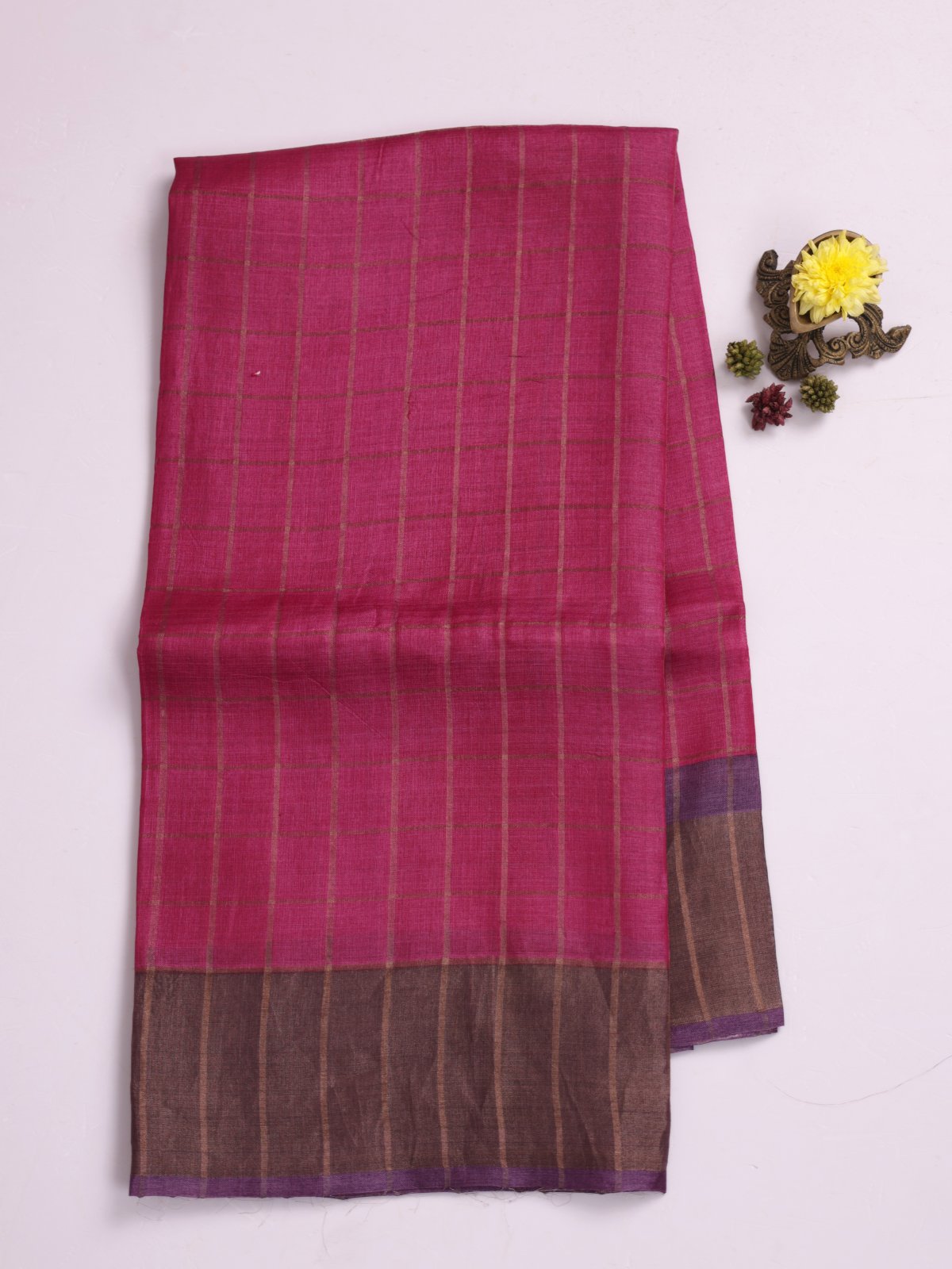 Magenta Zari Checked Tussar Silk Saree With Purple Printed Blouse