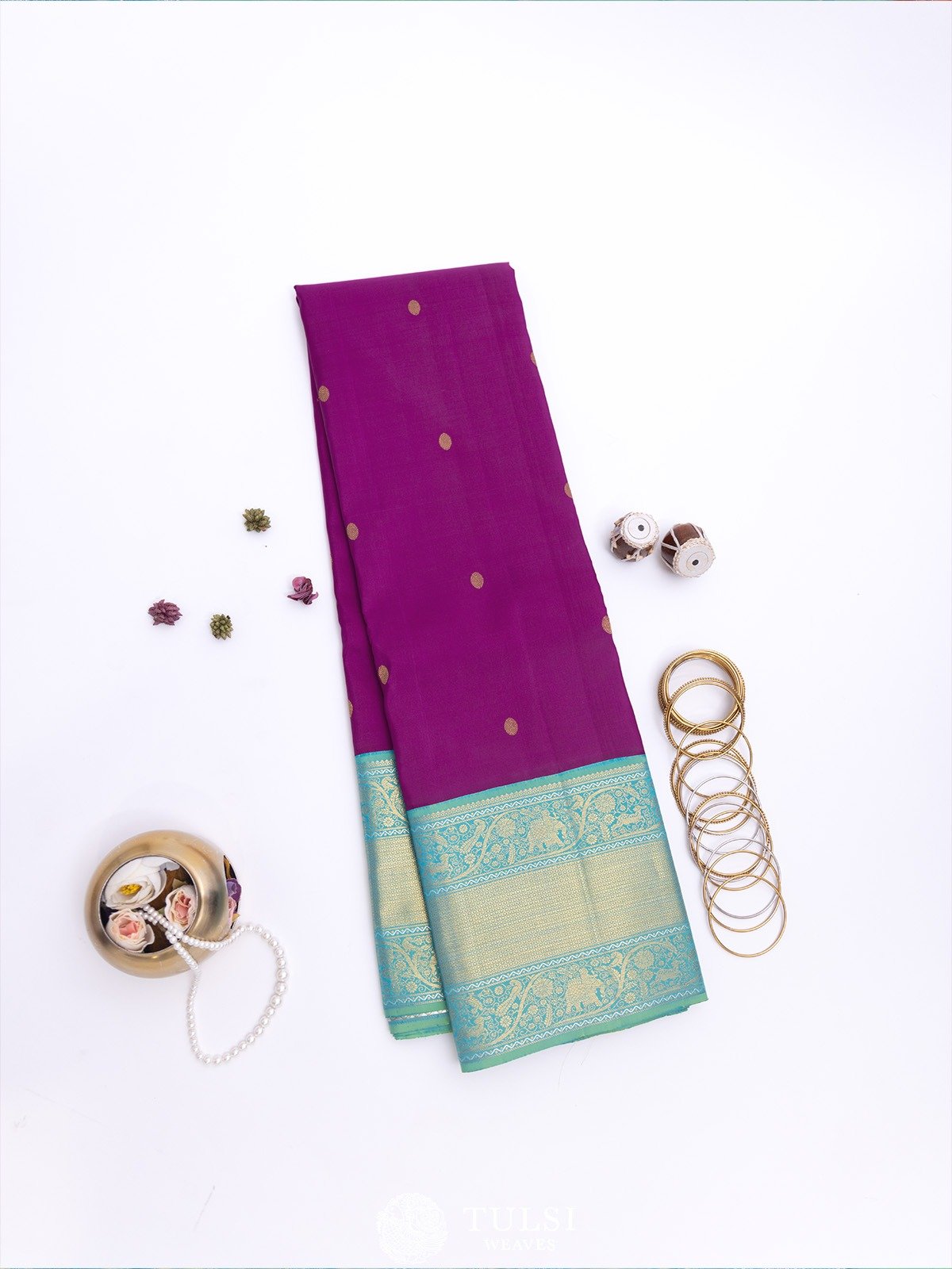 Purple Kanjeevaram Silk Saree With Light Blue Border