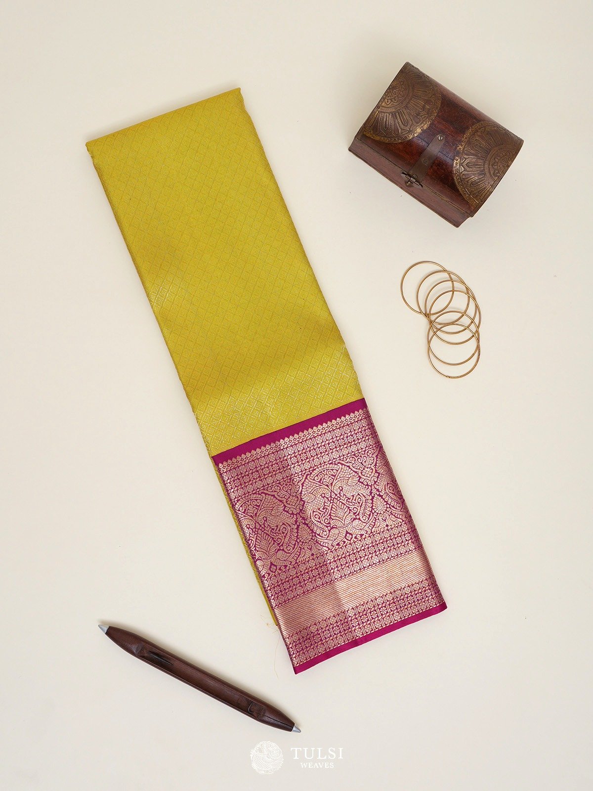 Yellowish Green Kanjeevaram Silk Pavadai  with Rani Pink Border