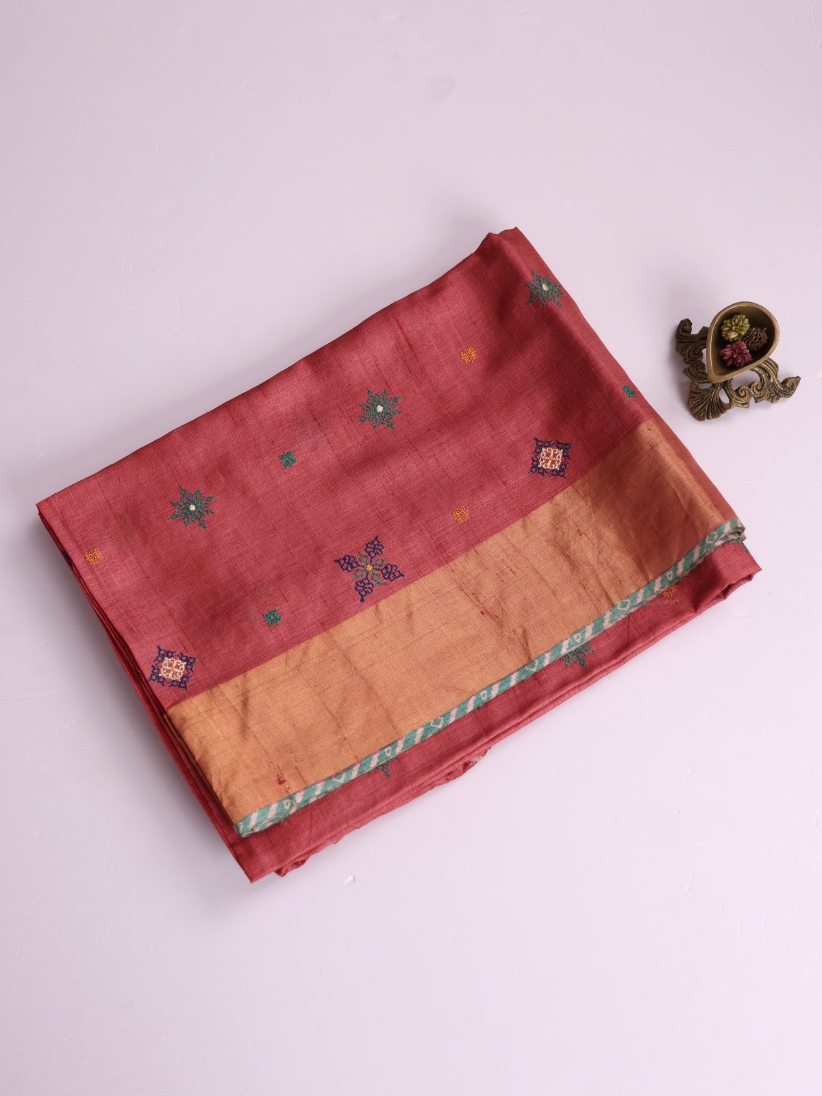 Dusty Red Embroidered Tussar Silk Saree With Zari Border
