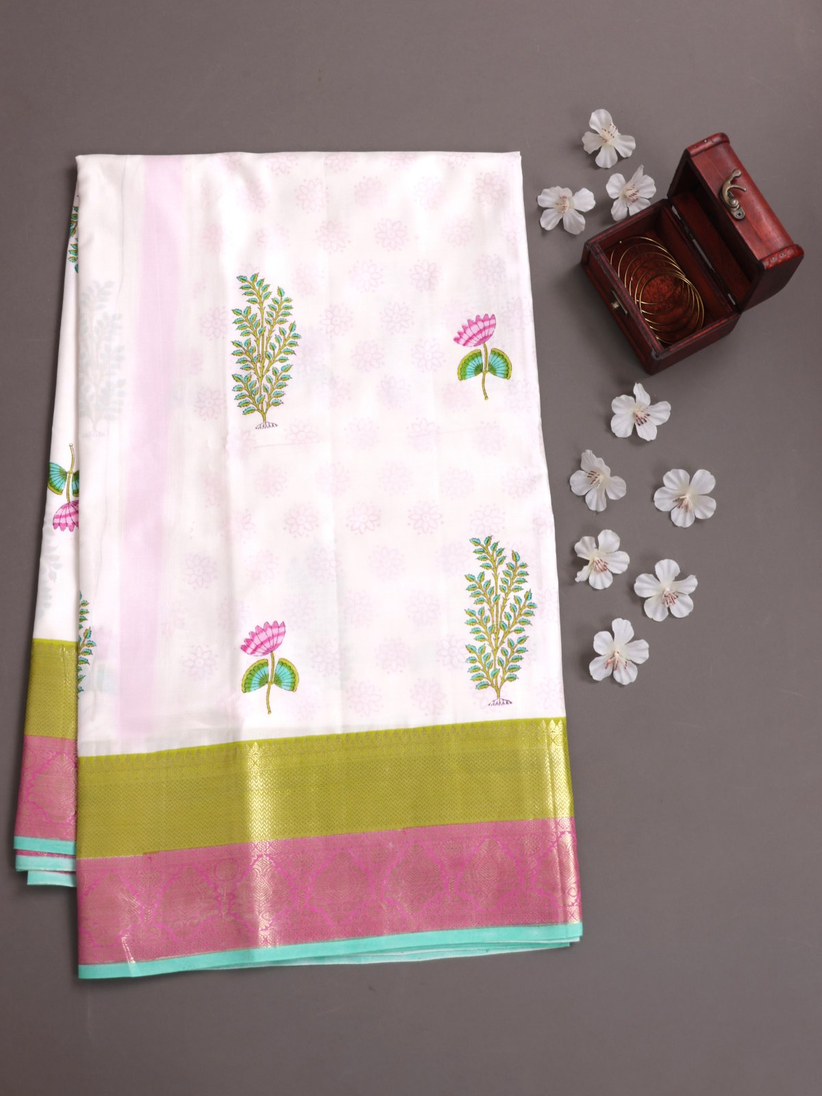 White Block Printed Kanjeevaram Silk Saree With Mehndi Green & Pink Zari Border
