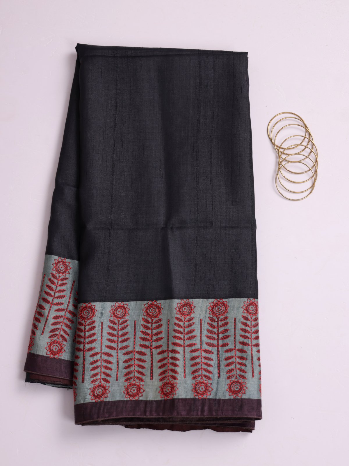 Black Printed Tussar Silk Saree With Kantha Embroidery