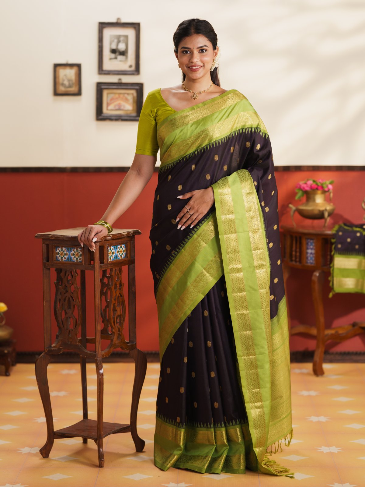 Vintage 26 - Dark Nagapazham Kanjeevaram Silk Saree With Mehndi Green Border