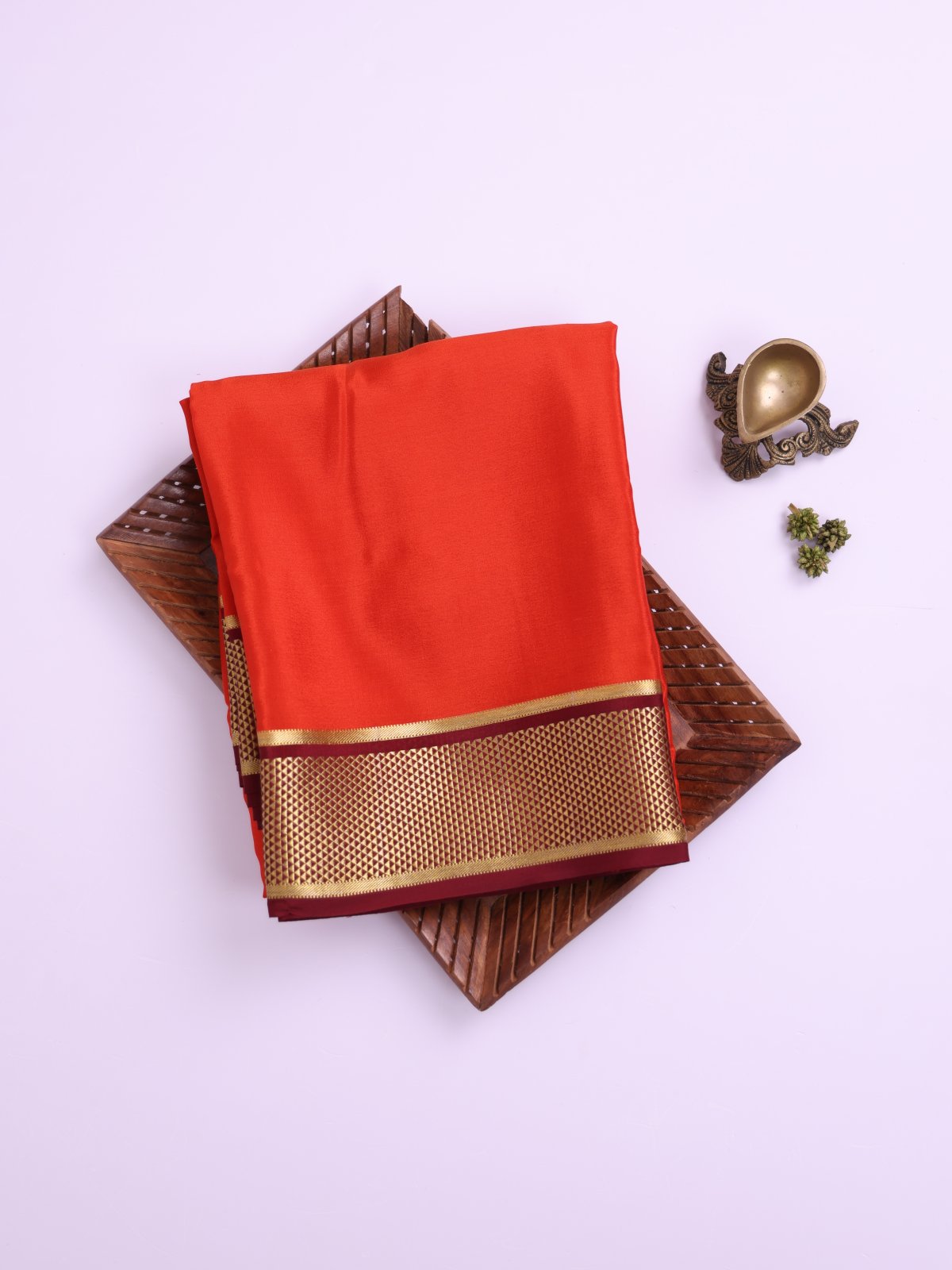 Deep Orange Mysore Silk Saree with Brown Zari Border