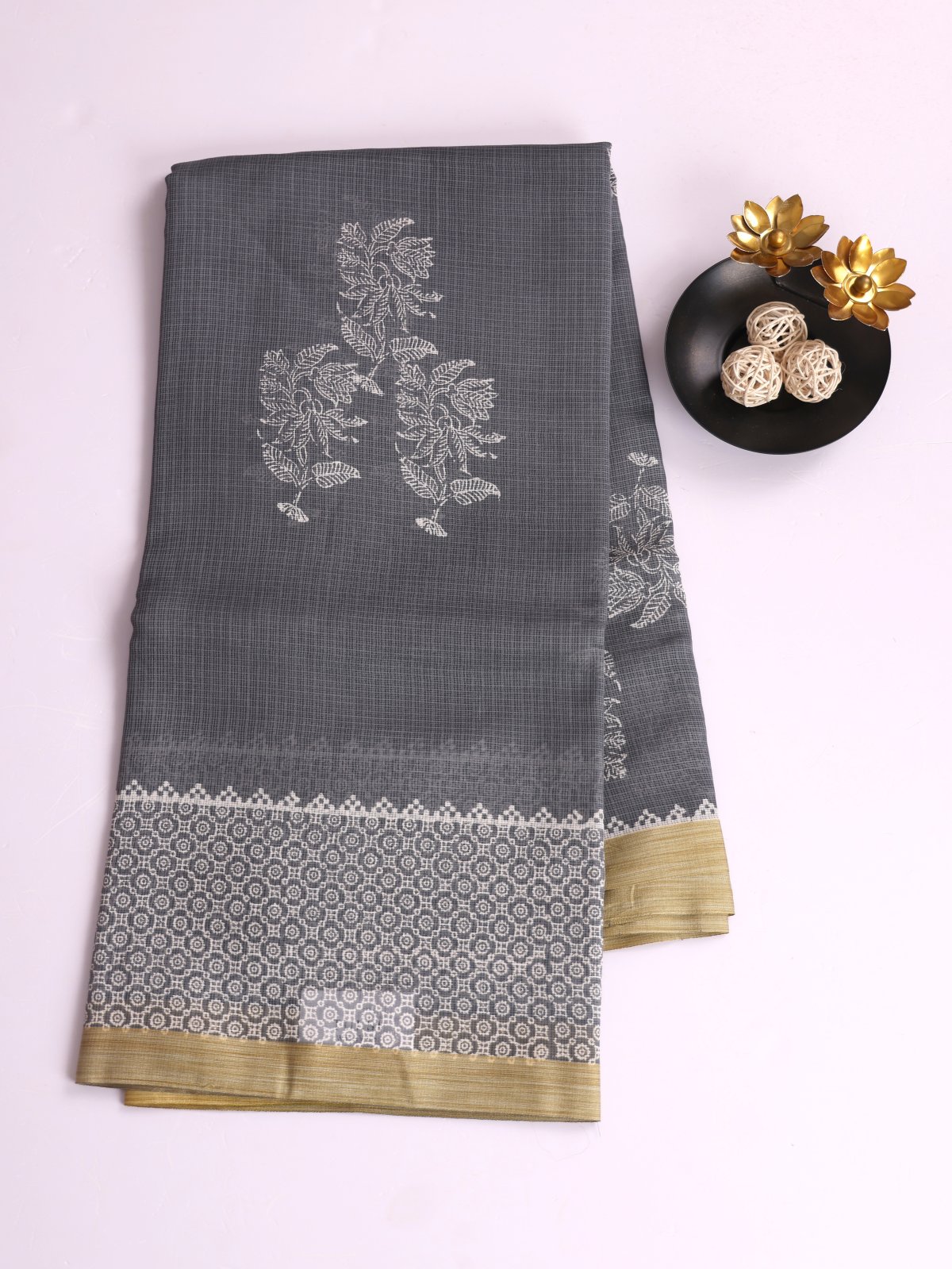 Grey Printed Kota Cotton Saree