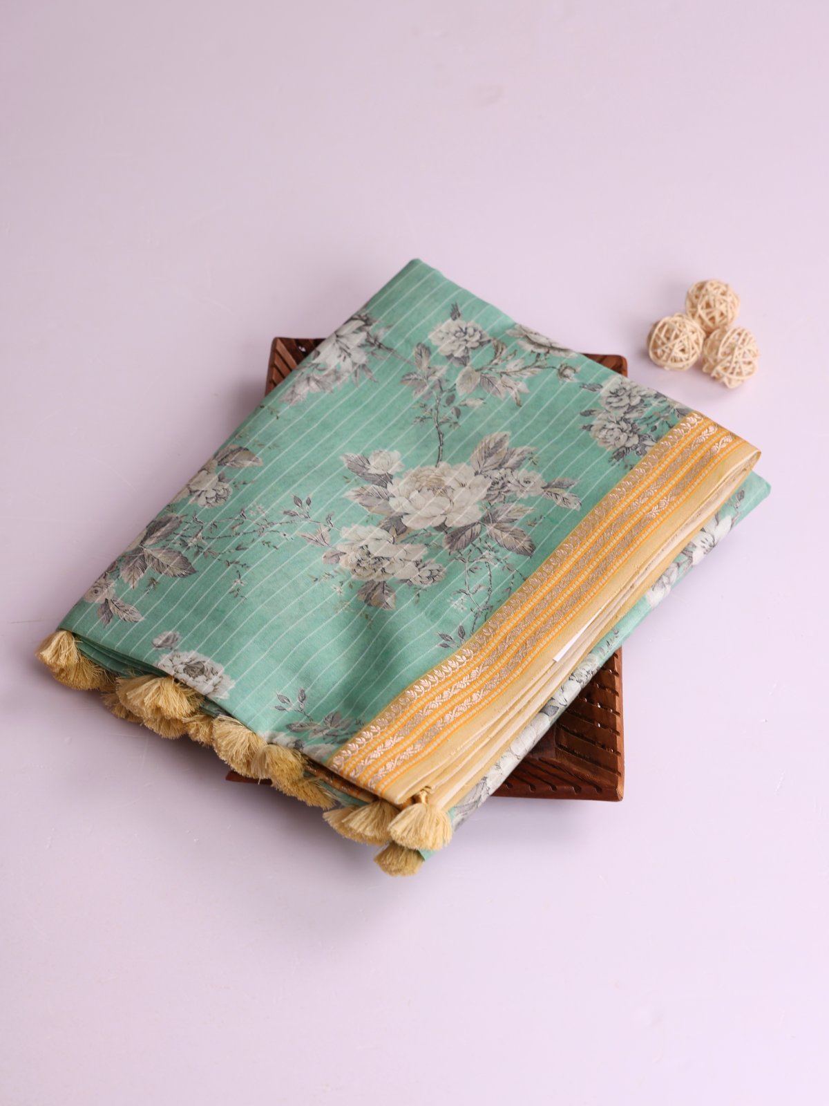 Light Green Printed Chanderi Cotton Saree With Beige Zari Border