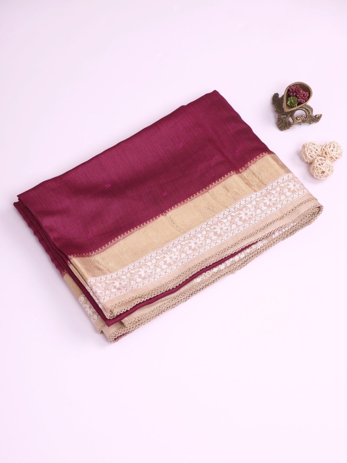 Dark Magenta Munga Silk Saree With Cream Embroidered Border