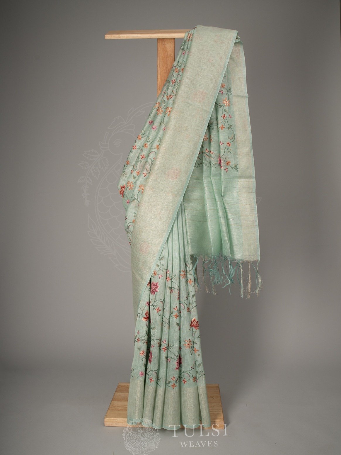 Light Teal Blue Linen Saree With Embroidery