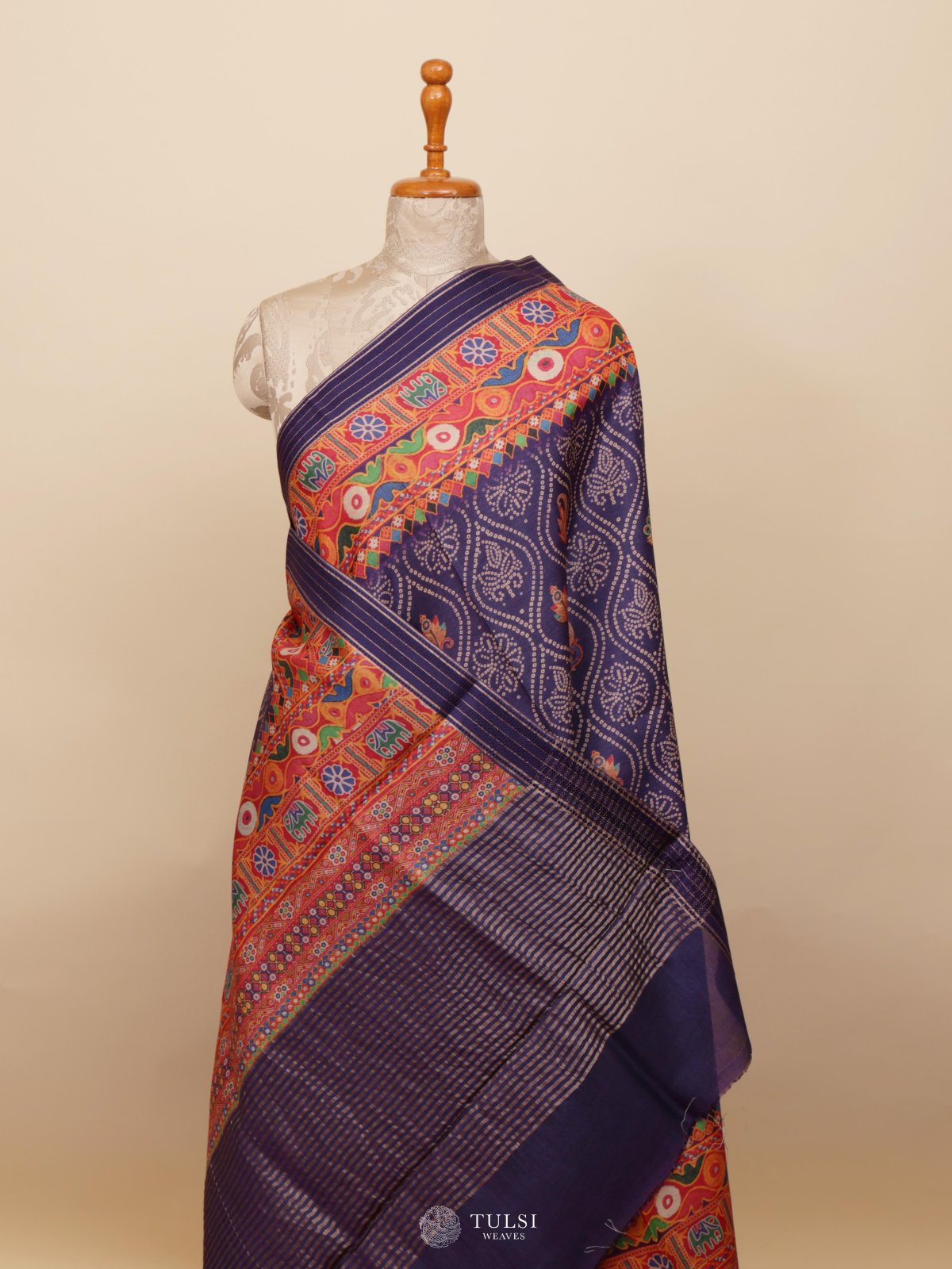 Purplish Blue Printed Tussar Silk Saree