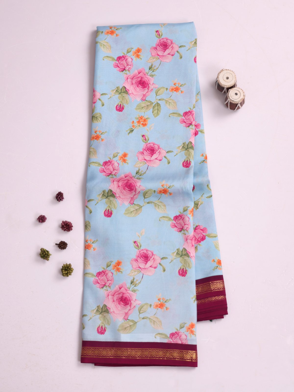 Dusty Blue Printed Kanjeevaram Silk Saree With Pinkish Araku Border
