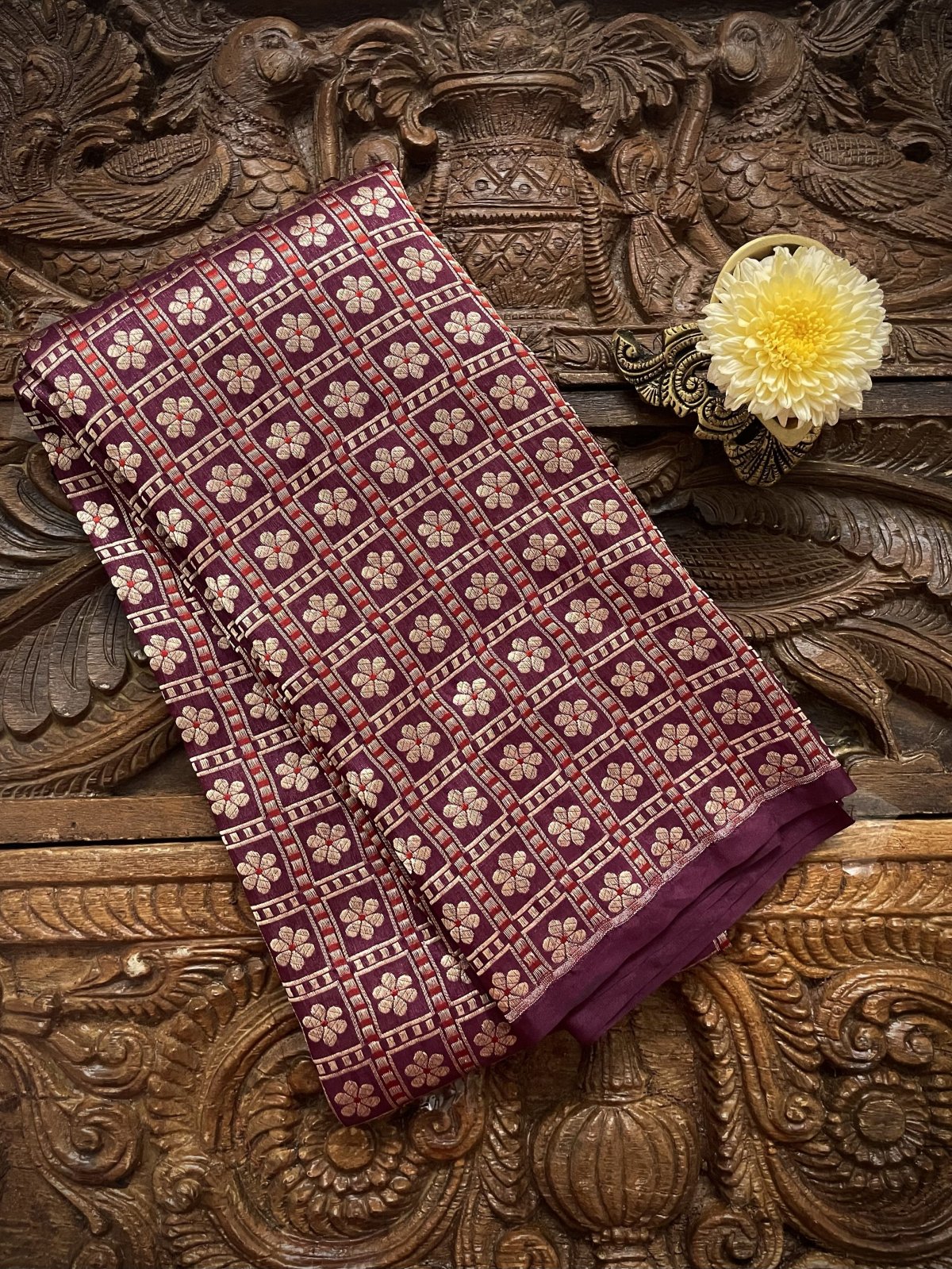 Burgundy Checked Banaras Silk Blouse With Floral Butties