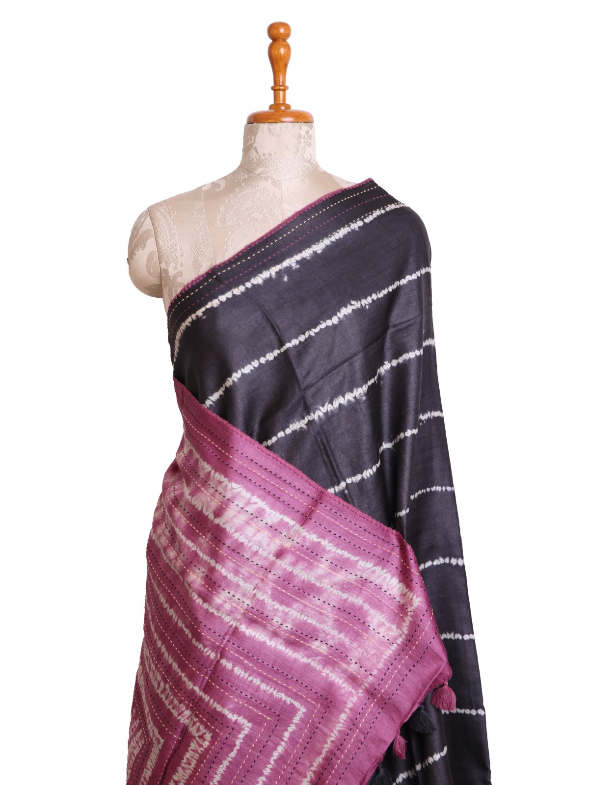 Dark Grey Printed Tussar Silk Saree