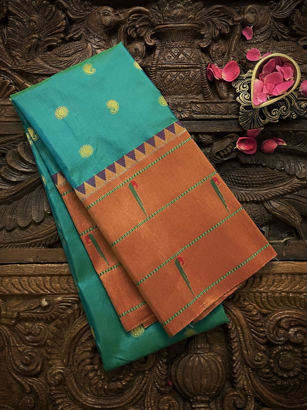 Blue-Green Paithani Silk Blouse With Temple Border