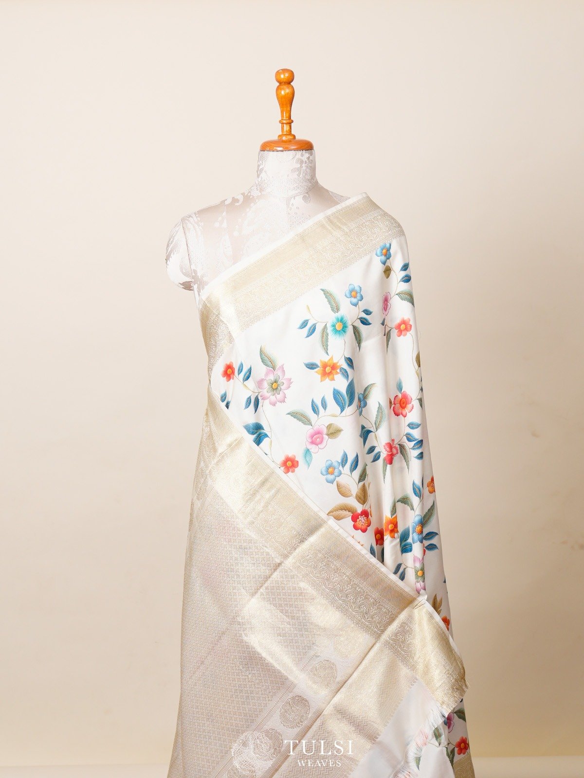 White Printed Kanjeevaram Silk Saree with Rettapett Border