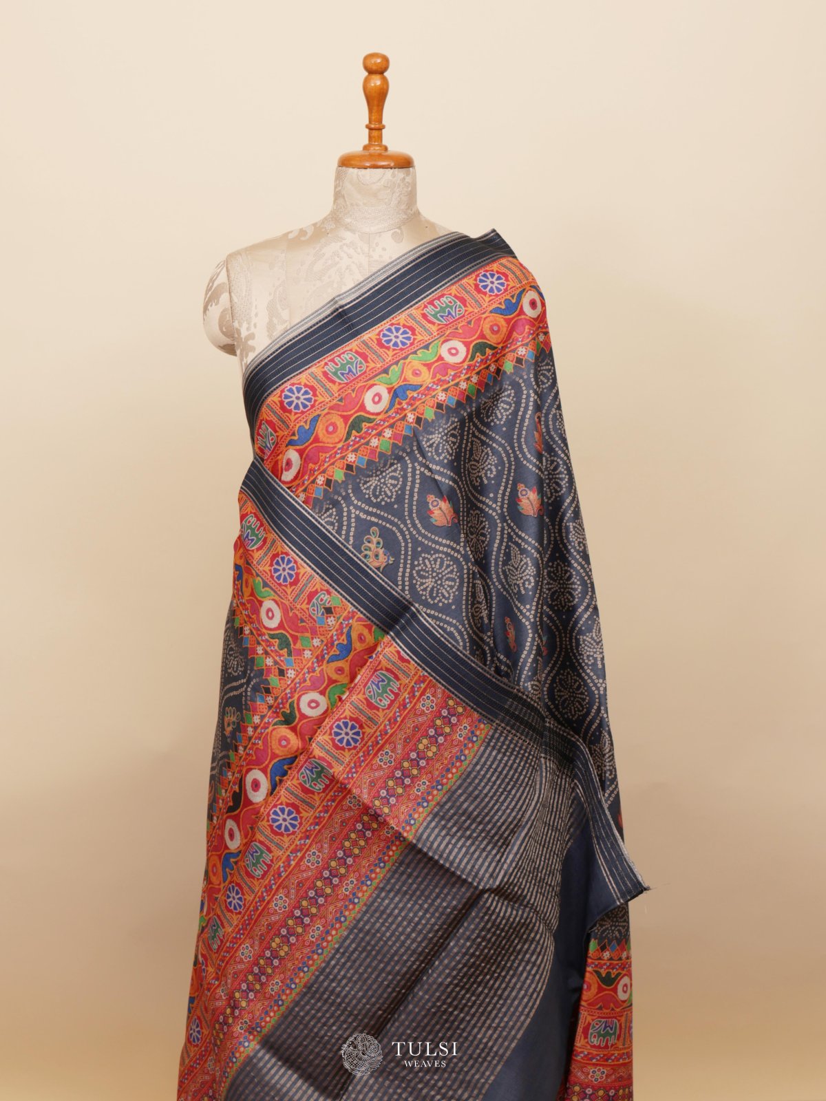 Blue Printed Tussar Silk Saree