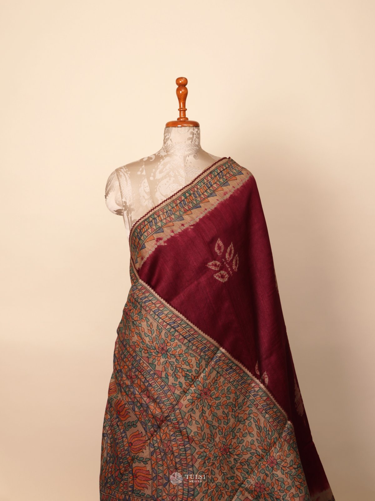 Burgundy Shibori Tussar Silk Saree