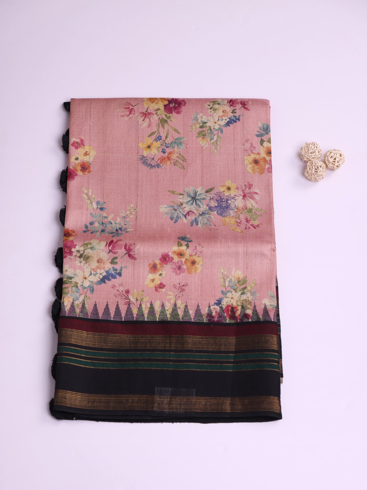 Dusty Pink Printed Tussar Silk Saree With Black Border