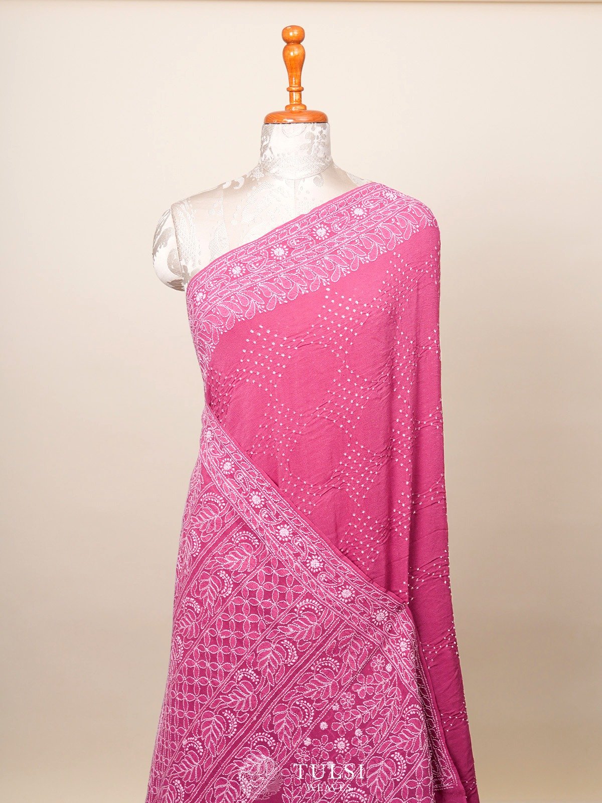 Dark Pink Bandhini Crepe Silk Saree