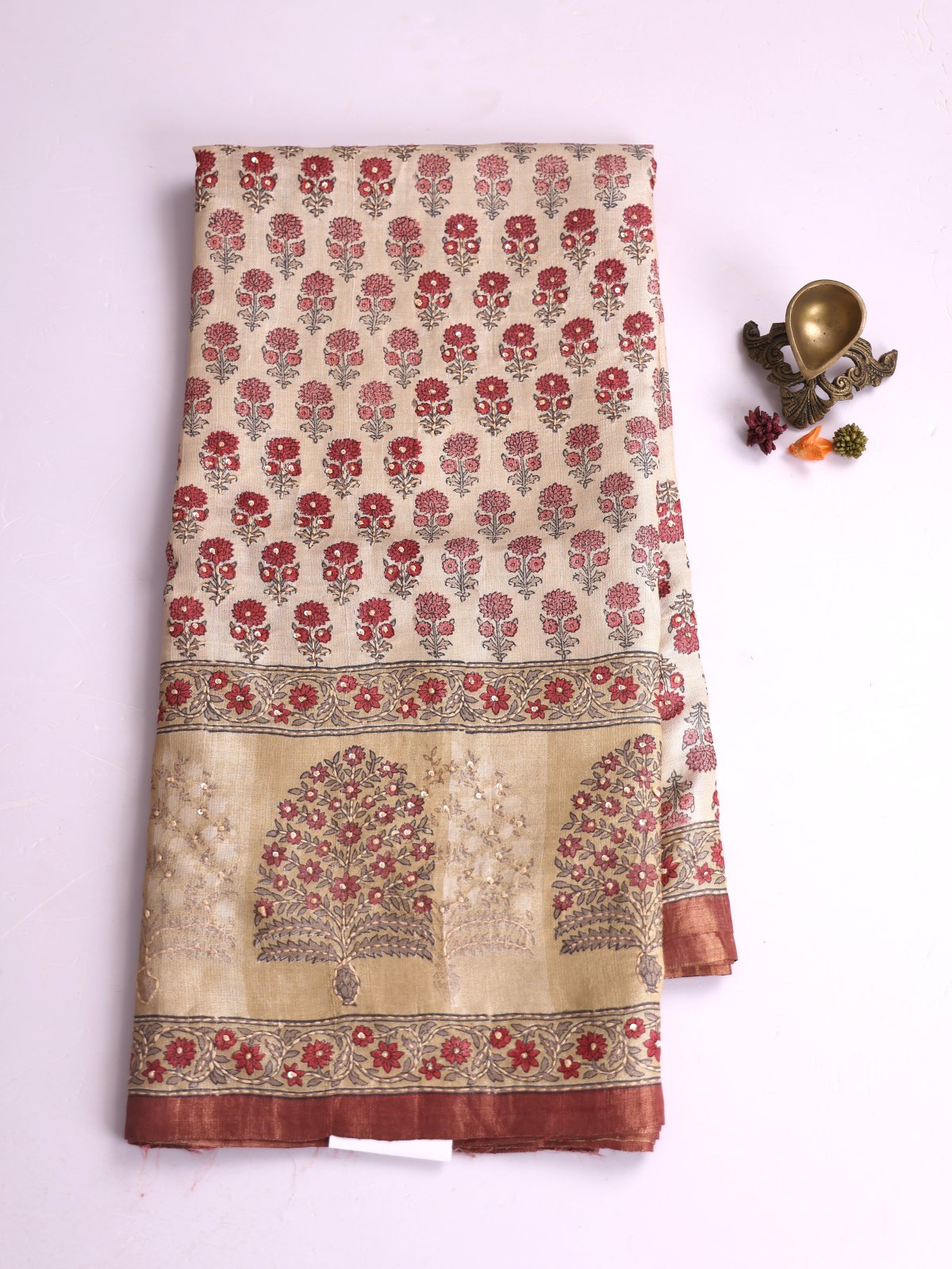 Beige Printed Tussar Silk Saree With Embroidery