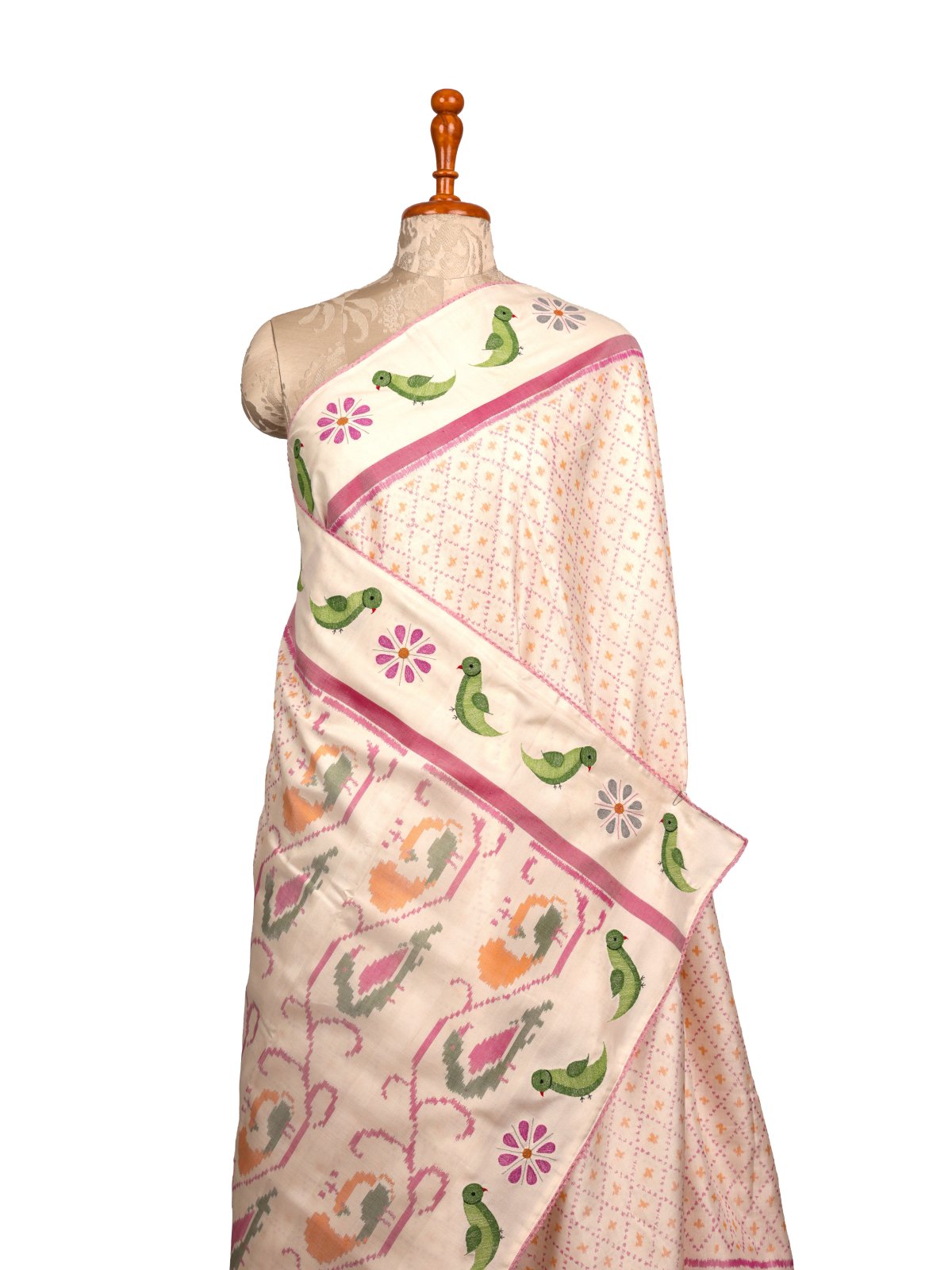 Off- White Patola Silk Saree With Embroidered Border