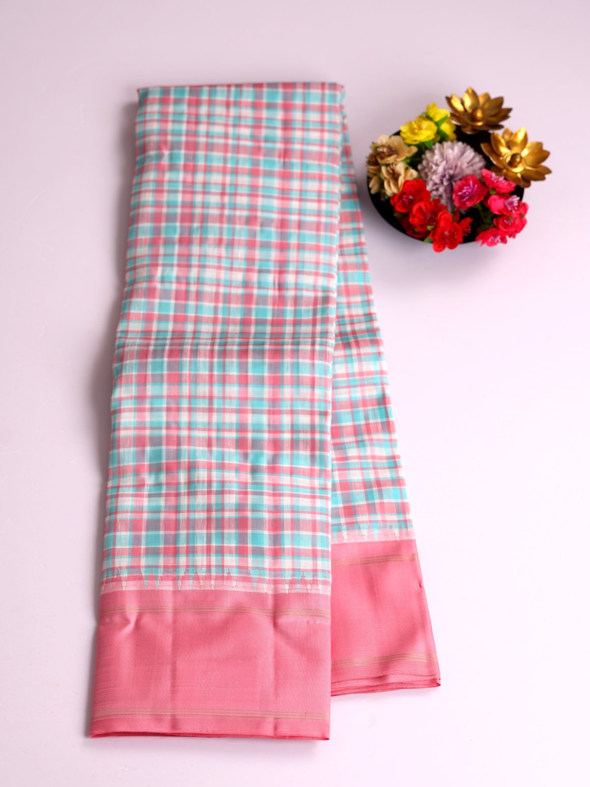 Multicolor Checked Kanjeevaram Linen Saree With Peachy Pink Border