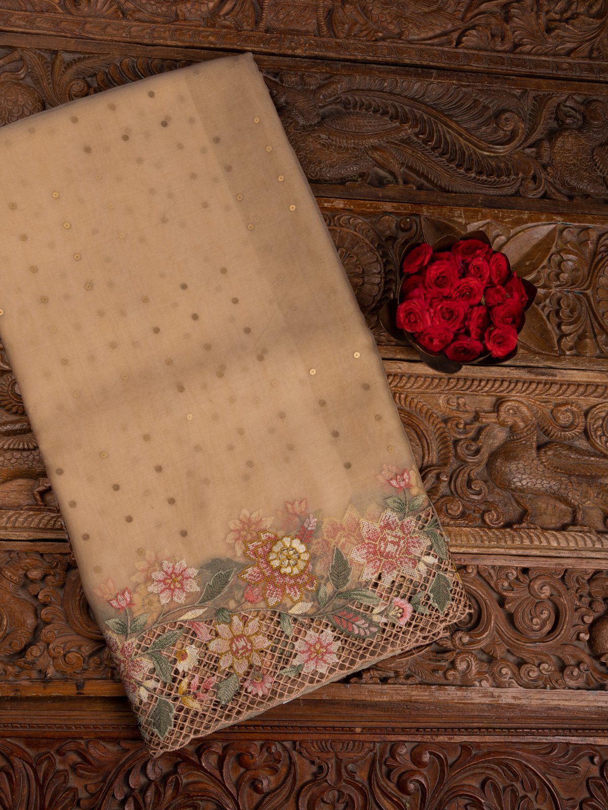 Rouge Pink Organza Silk Saree with embroidery work