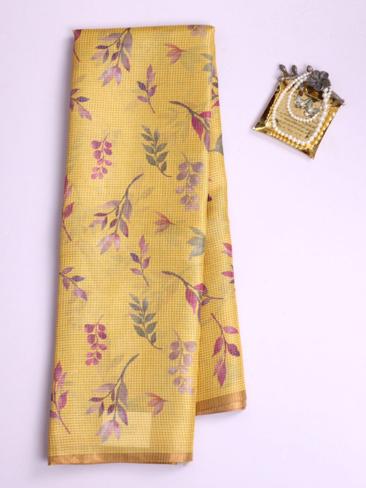 Yellow Zari Checked Printed Tussar Silk Saree