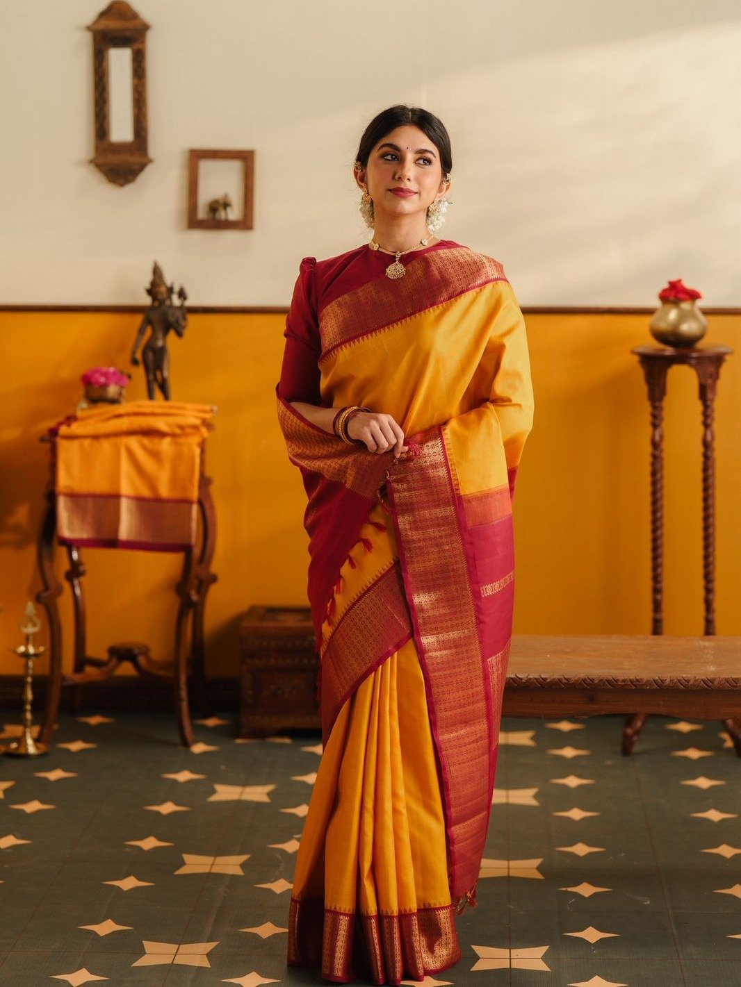 Mustard Yellow Kanjeevaram Silk Saree With Araku Border