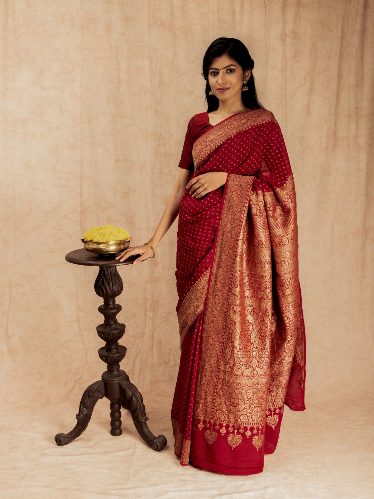 Beige Red Premium Italian Silk Crepe Saree Salwar Combo For Staff Unif–  Uniform Sarees